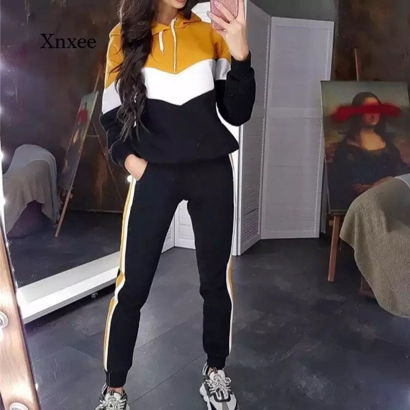 Women's Casual Patch Work Hooded Style Tracksuit, Fabric Spring and Autumn Women's Sportswear, Two-Pieces Hooded Pilot Sweatshirt, Top and Pants Sports Jogging Suit Women's Casual Patch Work Hooded Style Tracksuit, Fabric Spring and Autumn Women's Sportswear, Two-Pieces Hooded Pilot Sweatshirt, Top and Pants Sports Jogging Suit